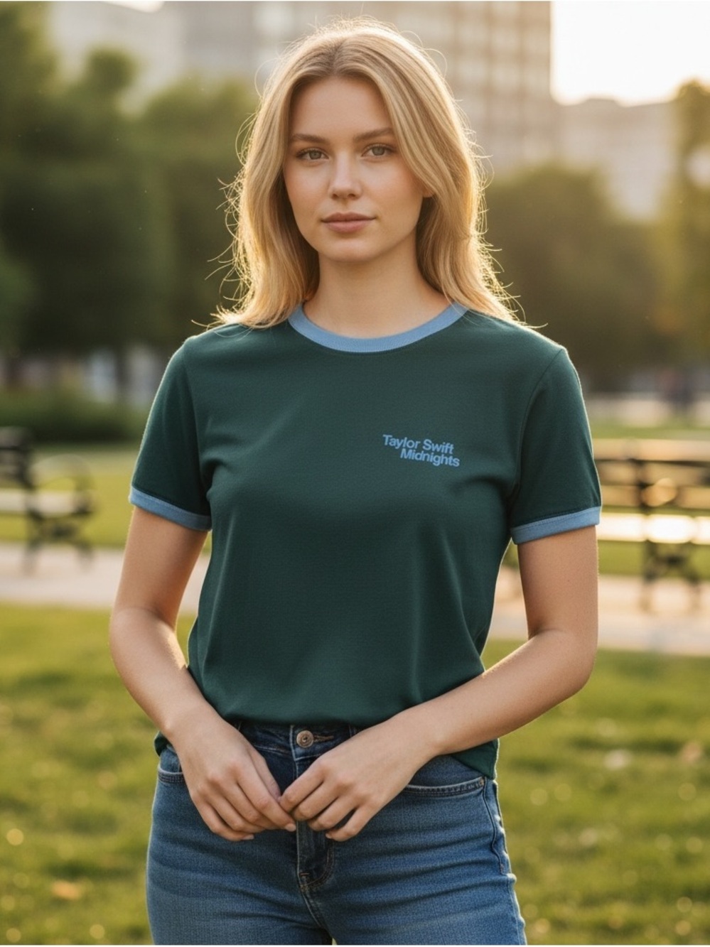 Taylor Swift Midnights Ringer Graphic T-Shirt Green Blue Women's Small